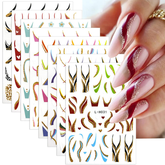 8 Sheets Shiny Line Nail Stickers - French Tip Nail Decals, 3D Glitter Wavy Stripe Designs, Gold