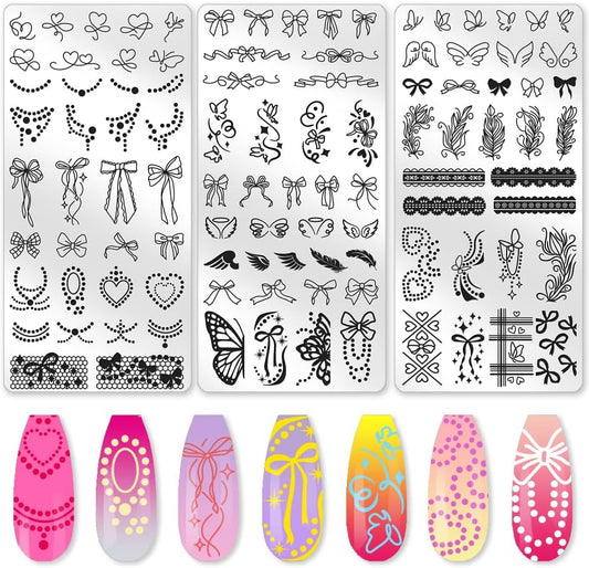 3Pcs Pearl Feathers Lace Nail Stamping Plate Bows Heart Wings Nail Stamping Templates French Tip