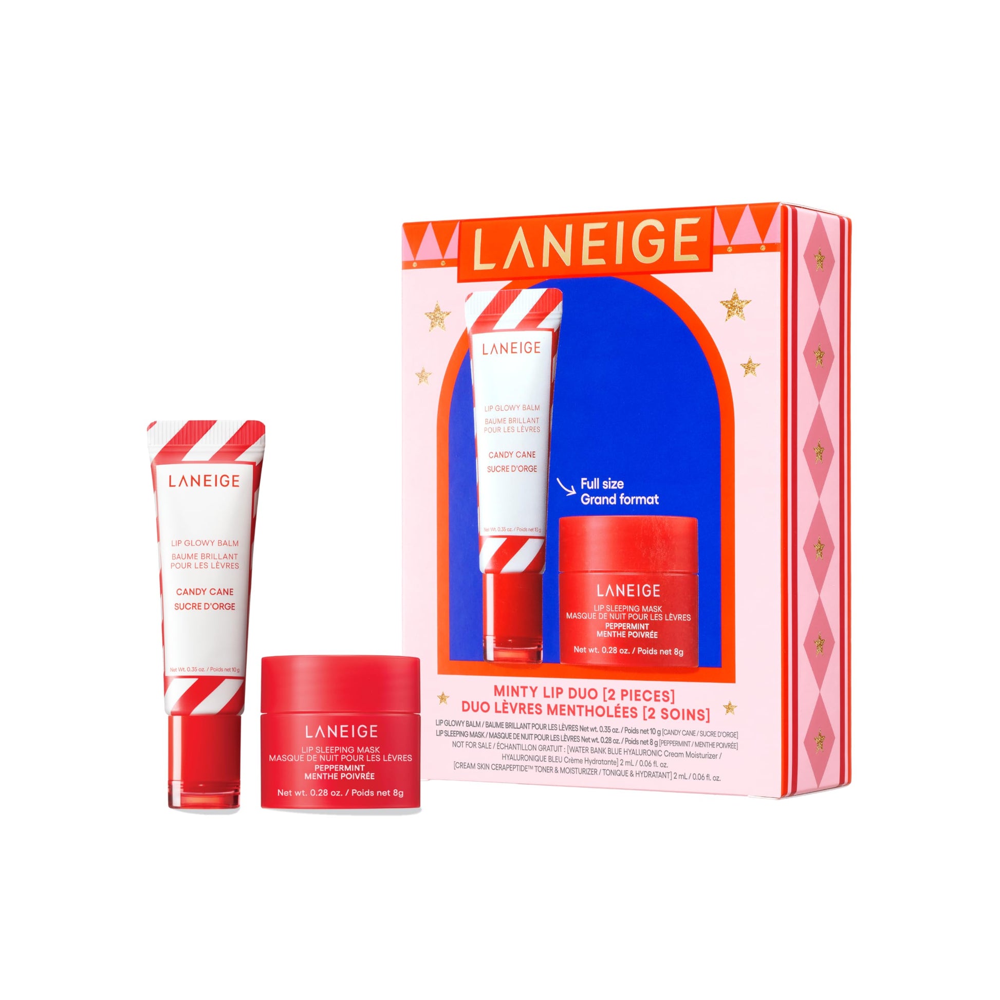 LANEIGE Minty Lip Duo: Peppermint Lip Sleeping Mask and Candy Cane Lip Glowy Balm for Soft