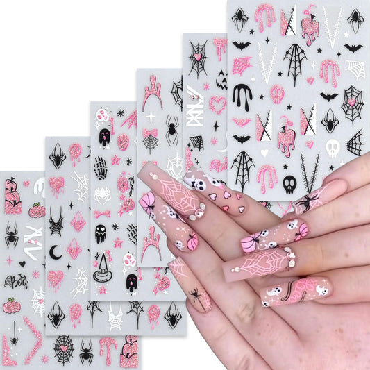 6 Sheets Halloween Nail Stickers Decals Pink Glitter Pumpkin Blood Drop Nail Sticker Black Spider