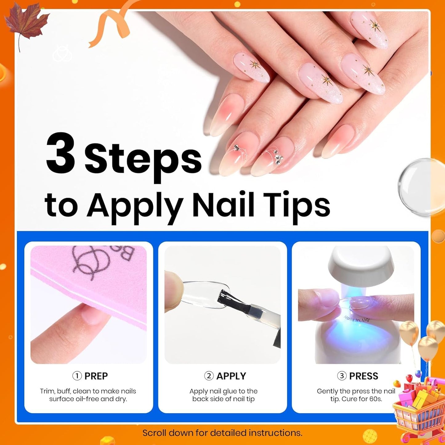 beetles Gel Polish 9 In 1 Gel Nail Glue for Clear Acrylic Nail Tips 2 Pcs 15ml Long Lasting Nail Gel Kit for False Nails Tips, Base Blooming Nail Gel, Fall Halloween Nails, U V Light Required
