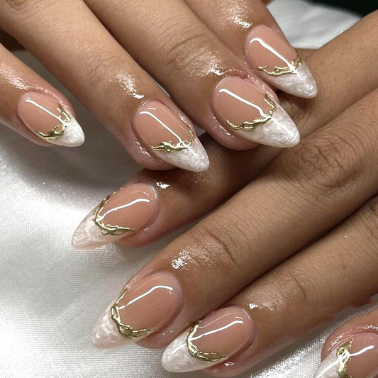 French Short Press On Nails Almond, Nude Fake Nails with Cloudy White French Tip and 3D Gold Line