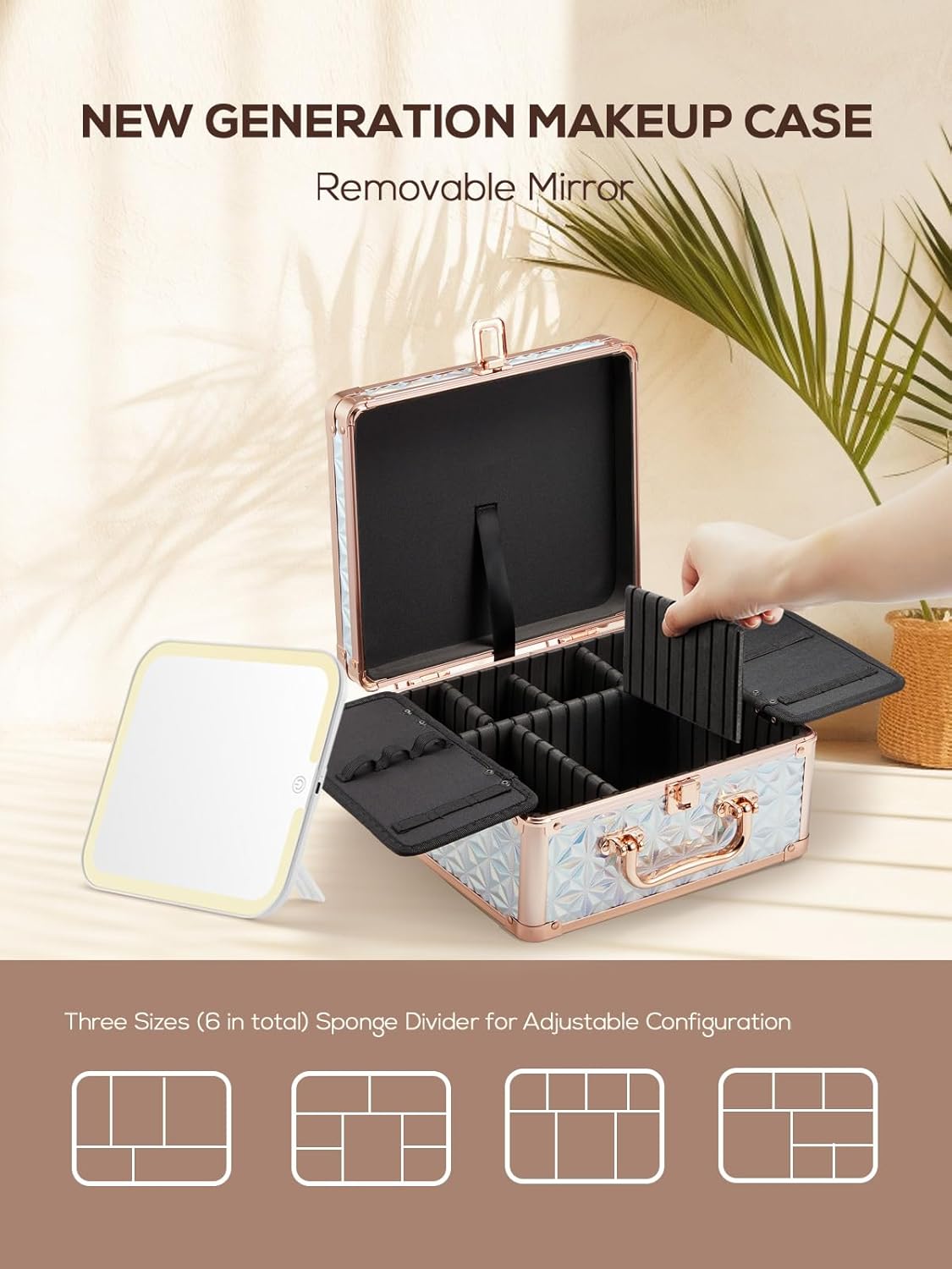 OMIRO Makeup Case, Makeup Bag with Light Up Mirror Set, Makeup Organizer Bag with Magnet Makeup Mirror for Women and Girls