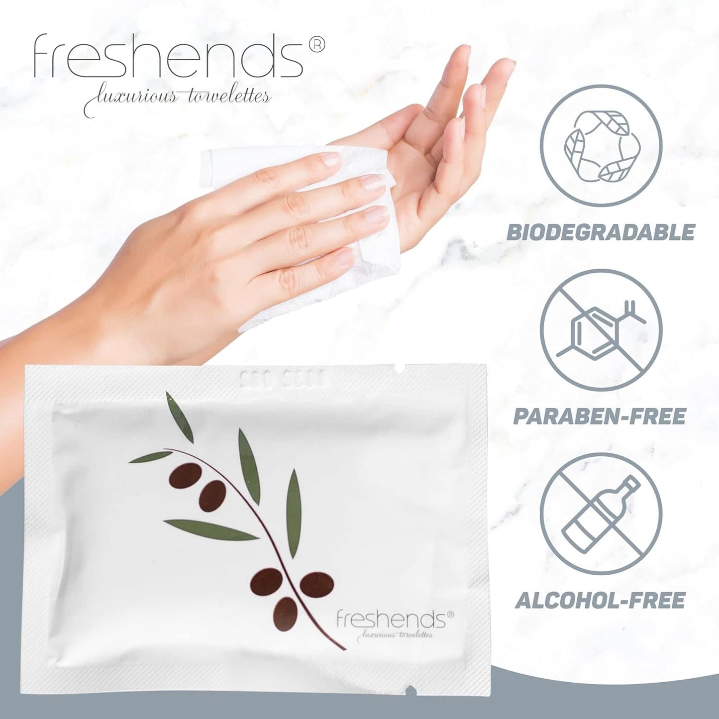 Freshends Flushable Individually Wrapped Wipes – 50 Bulk Pack Luxurious Towelettes, Guest Bathroom Essentials for Weddings, Restaurants, Bars & Clubs – Olive, Travel-Size, Disposable