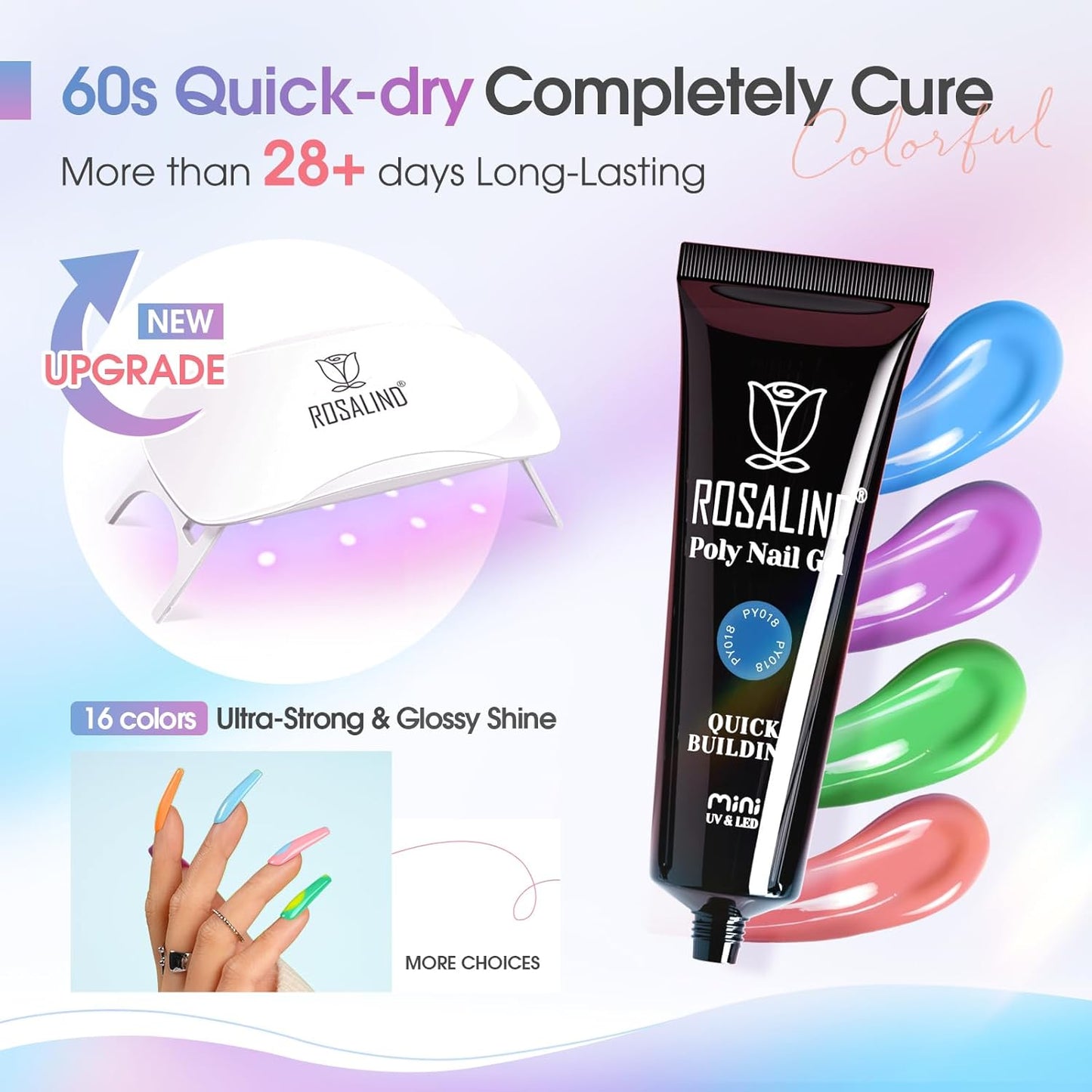 ROSALIND 16 Colors Poly Nail Gel Kit With Mini Lamp - Clear Neon Starter Kit for Beginners, HalloweenAll Seasons Classic Colors Builder Neon Nail Gel Set Holiday