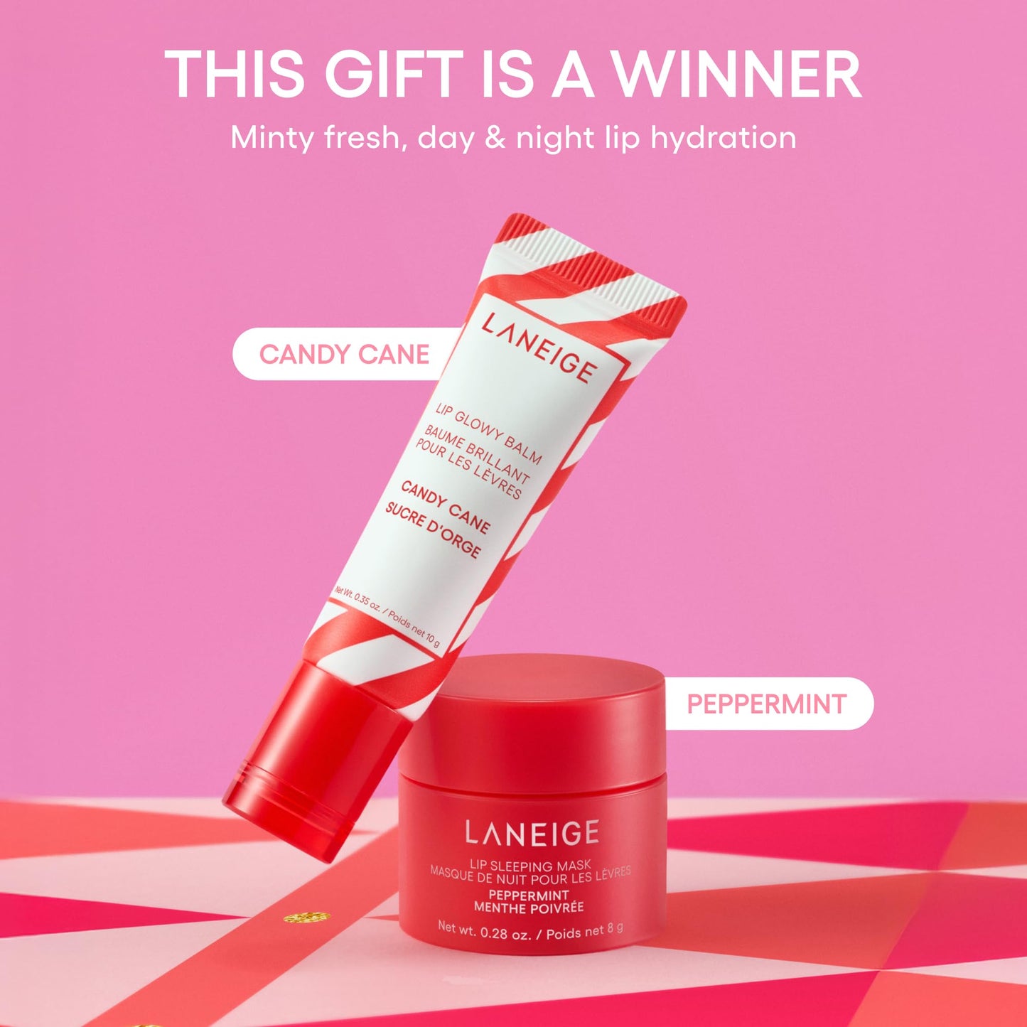 LANEIGE Minty Lip Duo: Peppermint Lip Sleeping Mask and Candy Cane Lip Glowy Balm for Soft