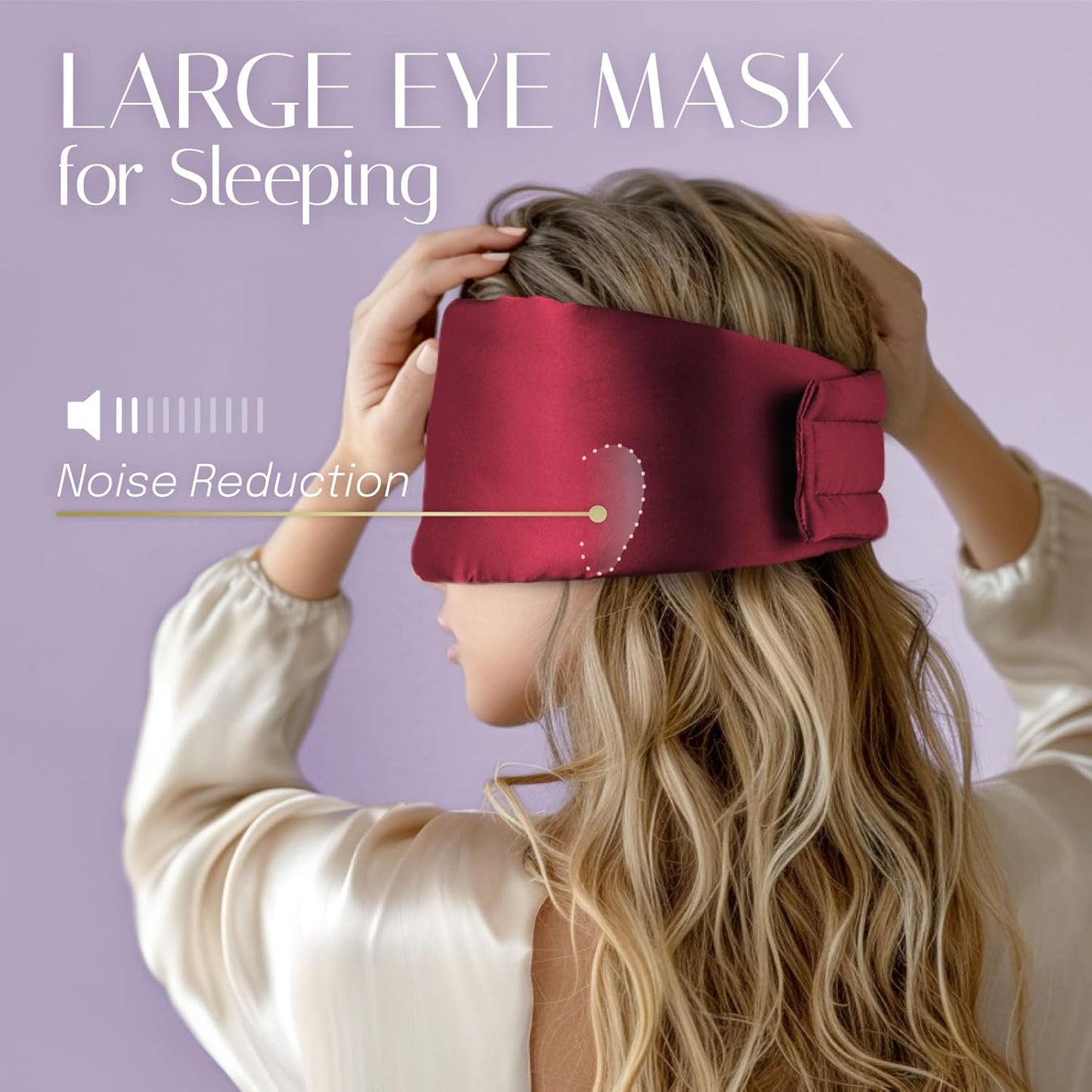 Silk Sleep Mask Soft Pressureless: 100% Mulberry Silk for Eye Skin Anti Wrinkles, Large Size for Total Blackout, Adjustable Wide Velcro Ear Cover, Burgundy