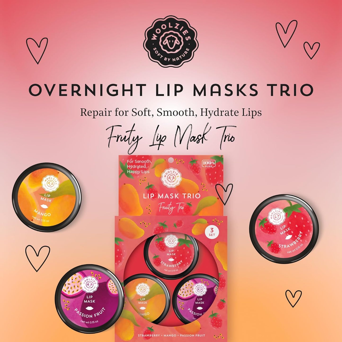 Overnight Lip Sleeping Masks Trio - Set of 3 All Natural Hydrating Lip Treatment - Overnight Repair for Soft, Smooth, Hydrated Lips (3 Pack, Fruity Trio)