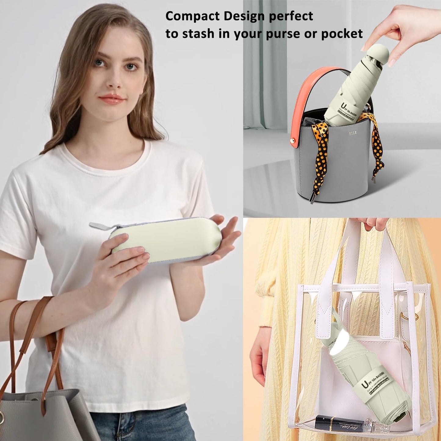 BAODINI Travel Essentials Mini Umbrella for Purse With Case Small Compact UV Sun Protection Lightweight Tiny Pocket Manual Open Close Umbrella for Women Kids and Men Fit Purse Backpack