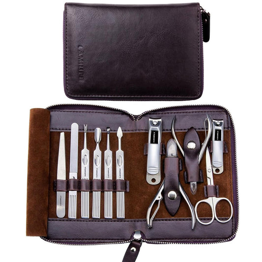 FAMILIFE Manicure Set, Nail Clippers Set Professional Manicure Kit 11 in 1 Stainless Steel Pedicure Tools Nail Kit Mens Grooming Tool with Portable Leather Travel Case Dark Violet Birthday Gifts
