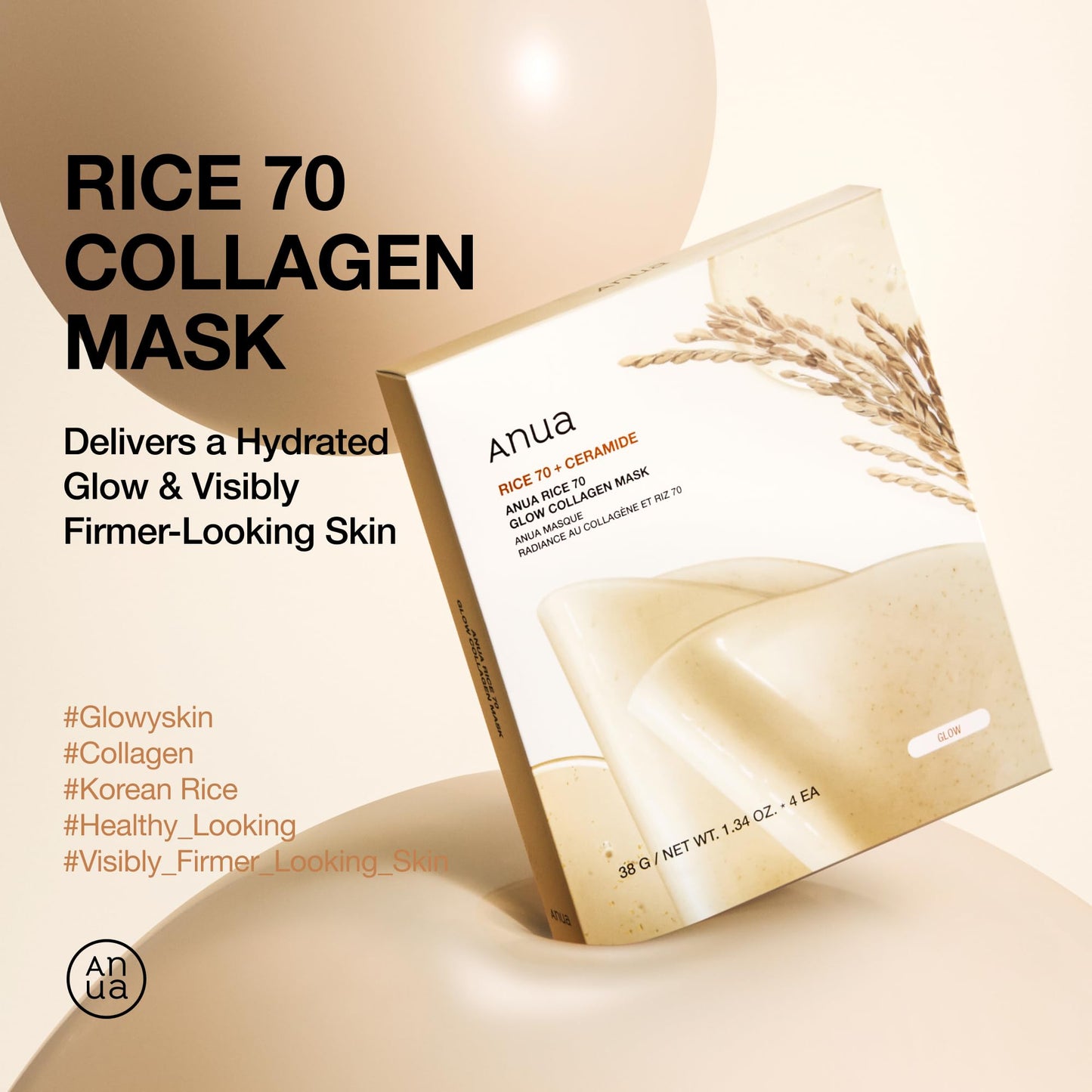 ANUA Rice 70 Glow Collagen Mask, 1.34 oz/4ea