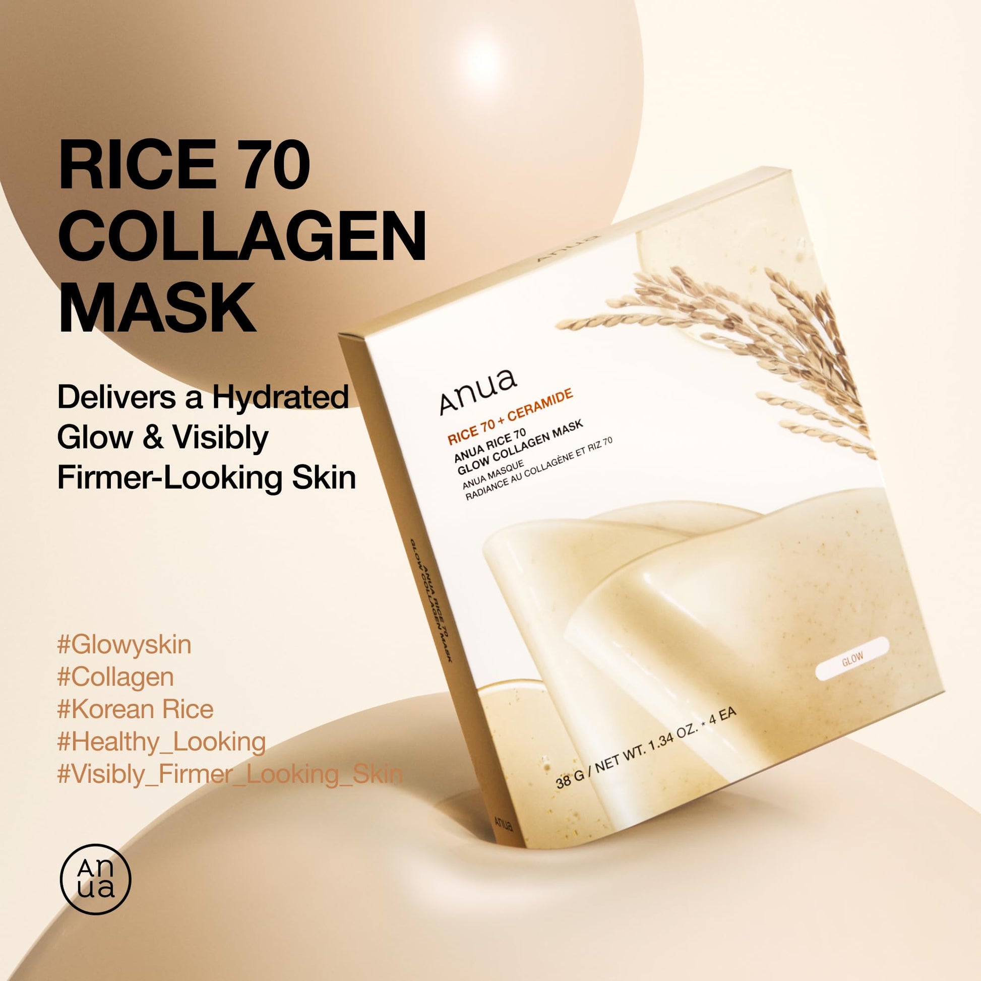 ANUA Rice 70 Glow Collagen Mask, 1.34 oz/4ea
