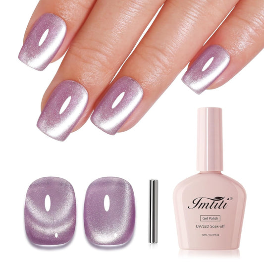 Imtiti Cat Eye Gel Nail Polish, Light Purple Holographic Magnetic Crystal Nail Gel Polish With Magnet Glittery Galaxy Spring Summer Kit Soak Off UV Led 10ML