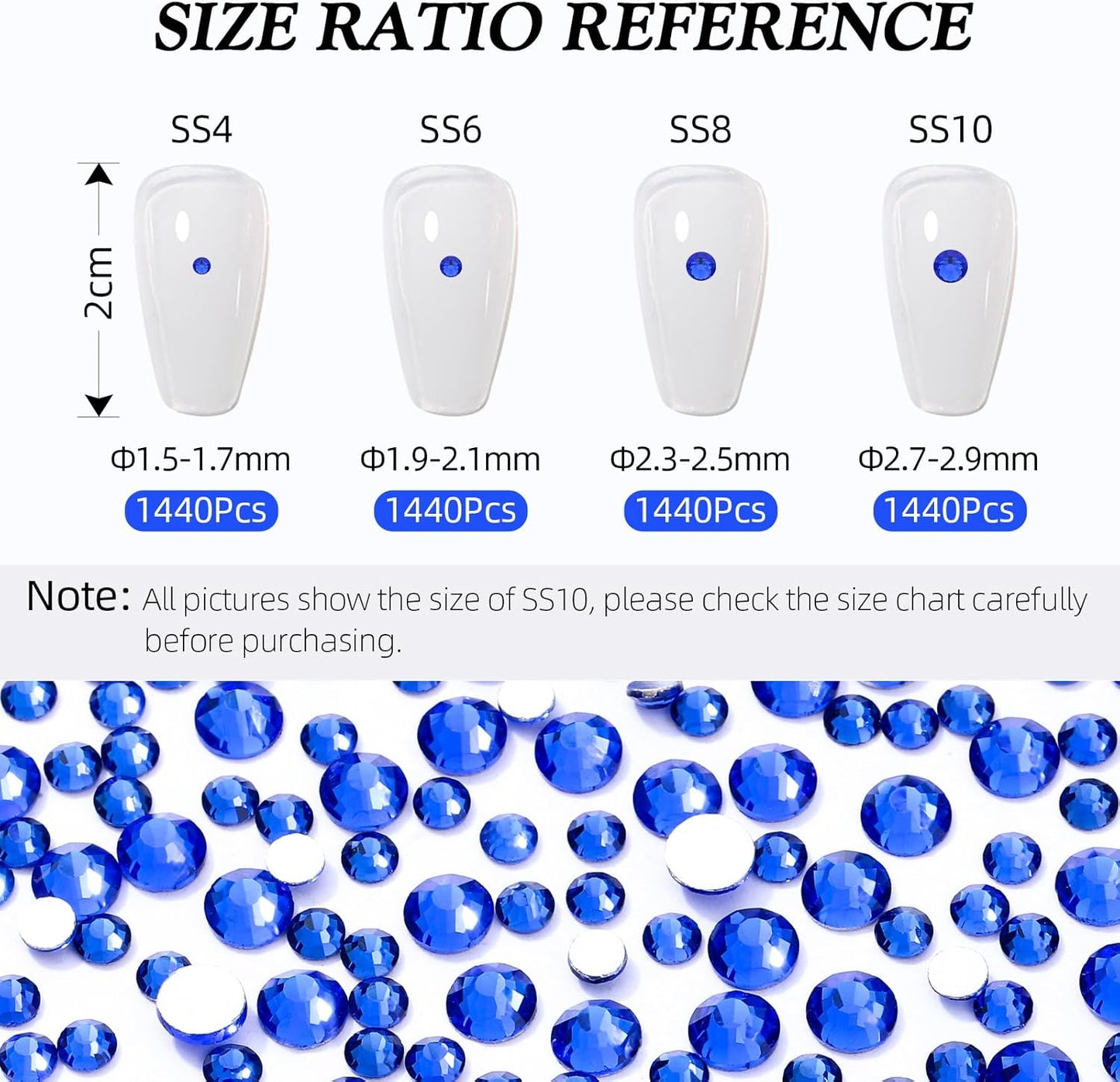 Sapphire Flatback Rhinestones, Glass Rhinestones for Nail Art and Craft, Glue Fix, Loose Crystal Gemstones(Blue, SS4, 1440pcs, 1.5-1.7mm)
