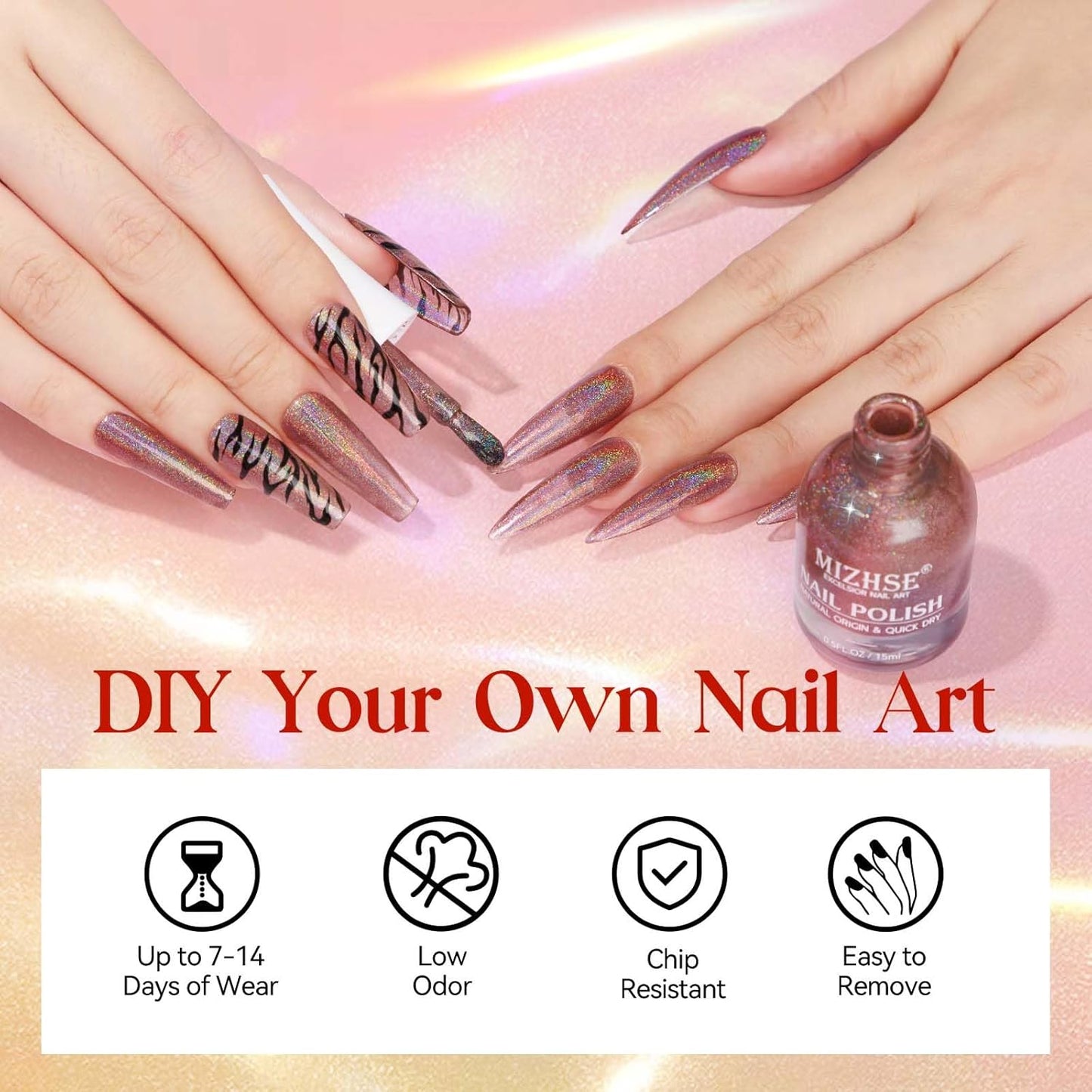 MIZHSE Holographic Nail Polish, Brown Glitter Nail Polish Air Dry Fast, 15 ml Fall Color High Glossy Shimmery Nail Pigment Oil-based Laser Iridescent Chrome Nail Art Salon Manicure Home