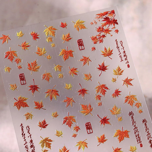 Fall Nail Stickers 1 Sheet 3D Embossed Nail Art Stickers DIY Self-Adhesive with Maple Leaves