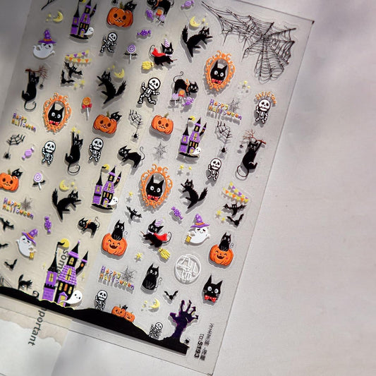 5D Embossed Halloween Nail Stickers Funny Cute Cat Self-Adhesive Nail Art Pegatinas Uñas with Skull