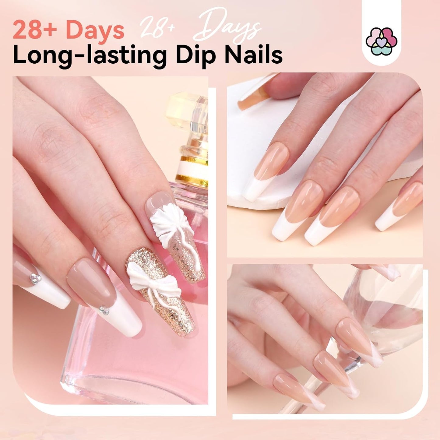 SAVILAND Dip Powder Nail Kit Starter with Nail Tips - 4 Colors with French Tips & Keratin Formula, Brown Nude Clear Dipping Powder No U V Lamp Needed for Home Manicure (10ml x4 Dip Liquids + Tools)
