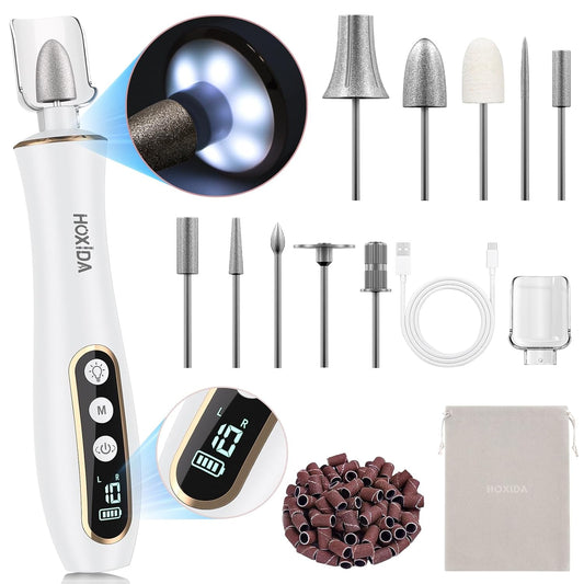 Professional Manicure Pedicure Kit, Cordless Electric Nail Drill with 360° LED light&10 Speeds