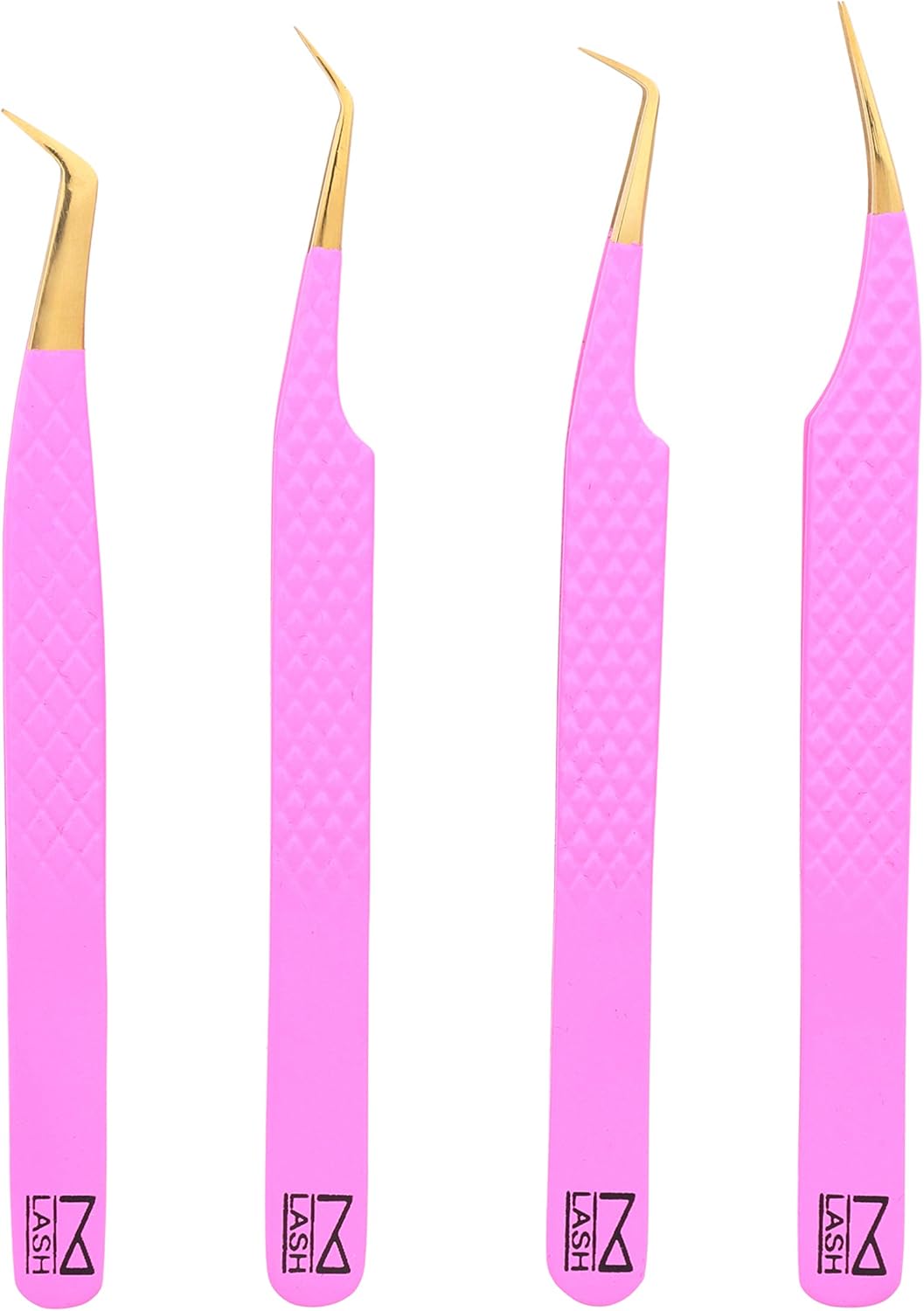 M LASH Eyelash Extension Tweezers (Set of 4) - Professional & Precision Lash Tweezers for Eyelash Extensions - Japanese Steel, Diamond Grip, Fiber Tip V3 (Pink)