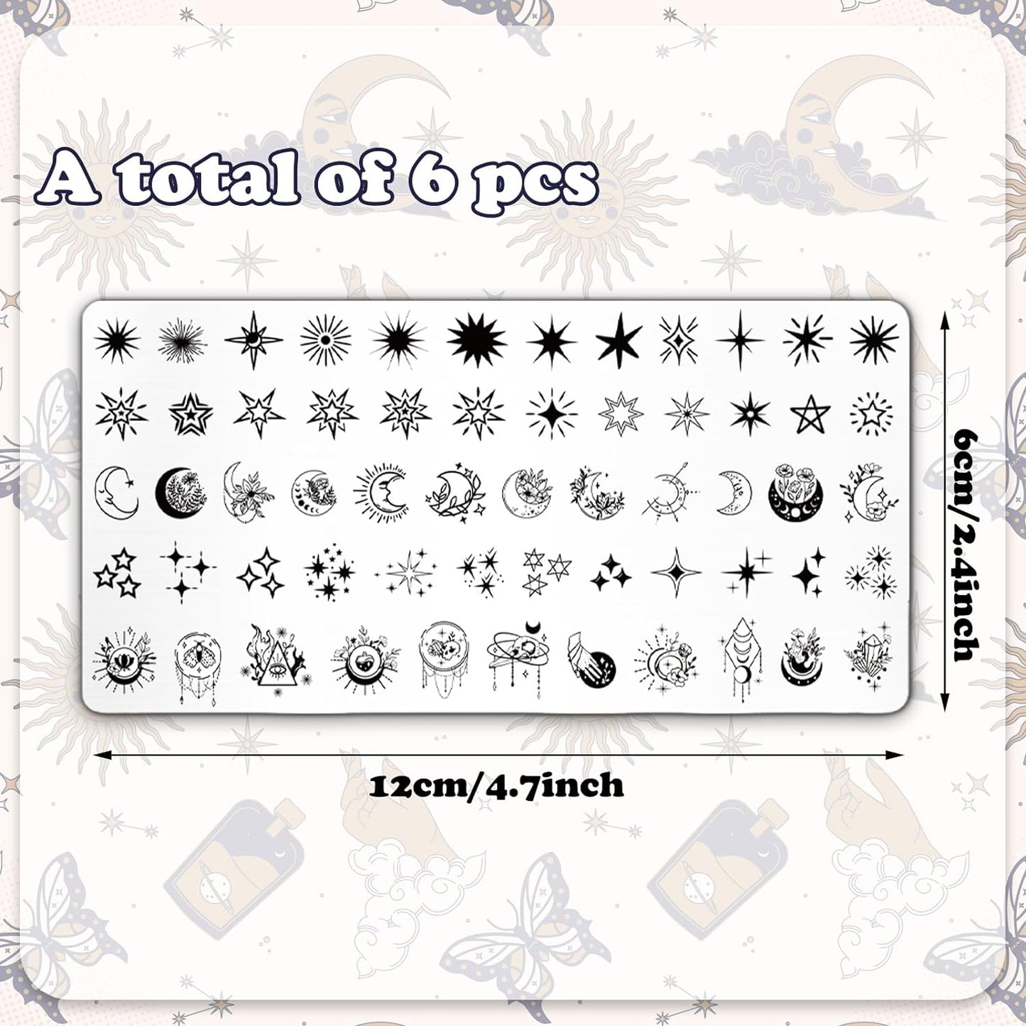 Whaline 6Pcs Sun Moon Star Nail Plates Stamping Set Groovy Stamp Templates Nail Art Plates for DIY Print Manicure Salon Design Gift Supplies