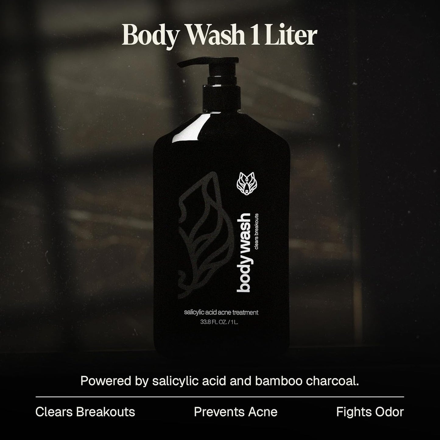 Black Wolf Salicylic Acid Body Wash for Men, 1 Liter - Men's Acne Body Wash - Charcoal Helps Reduce Acne Breakouts & Cleanse Your Skin - Full Coverage & Deep Clean Treatment - Men's Bodywash
