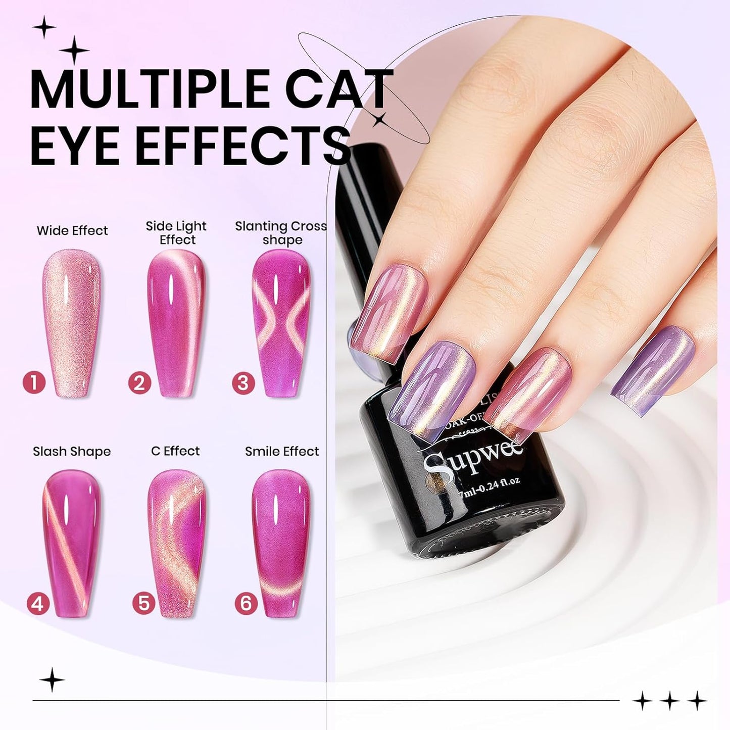 Cat Eye Gel Nail Polish Set, 12 Colors Magnetic Cateye Gel Polish with Magnet Holographic Gold Glitter Pink Purple Blue Summer Color Cat Eye Effect Soak Off Lamp for DIY Salon Manicure at Home