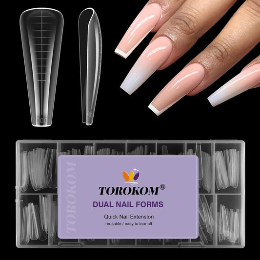 TOROKOM Dual Nail Forms for Poly Nail Gel, 150 PCS Coffin Structure Poly Nail Gel Square Nail Molds for Builder Gel Poly Extension Gel Nail Art Design Salon&DIY