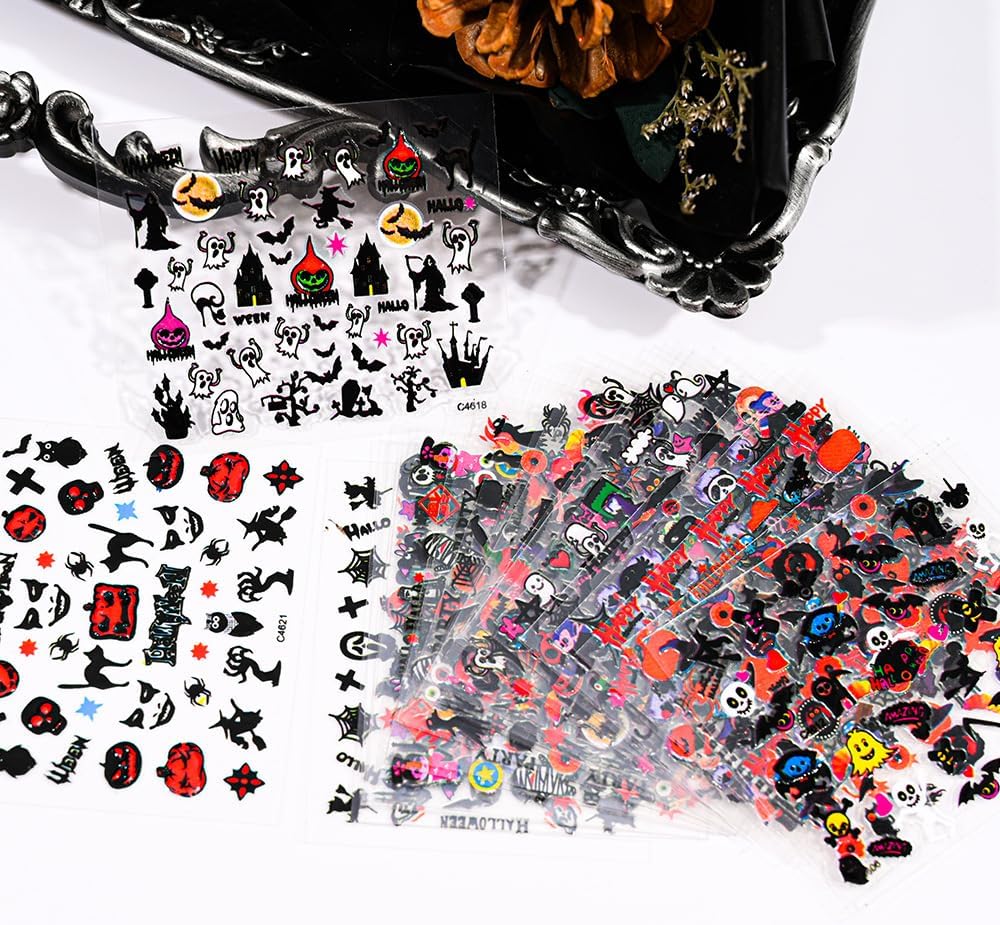 24 Sheets Halloween Nail Art Stickers Pumpkin Nail Stickers Self-Adhesive Nail Art Charms Nail Decals Ghost Sticker Nail Supplies Halloween DIY Nail Art Decoration Accessories for Women Kid Girls