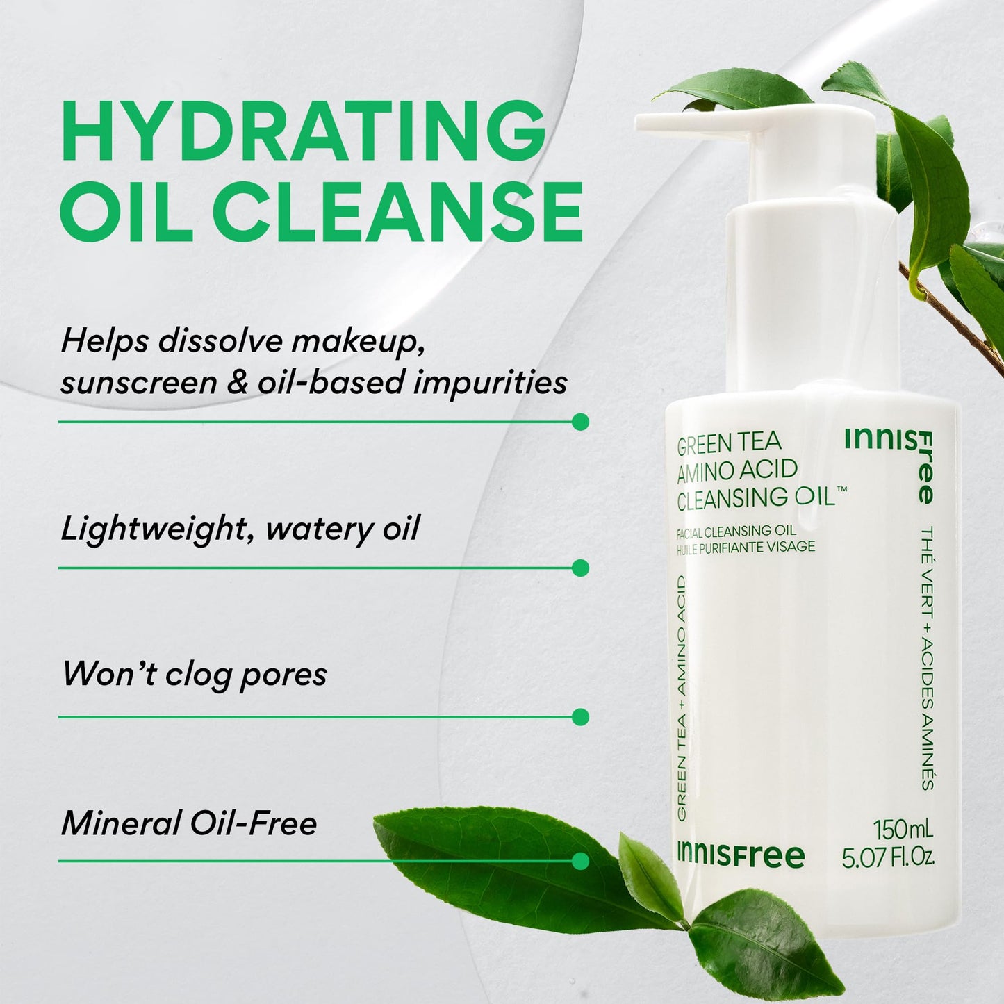 innisfree Green Tea Amino Acid Cleansing Oil | Hydrating Korean Face Wash with Jojoba for Double