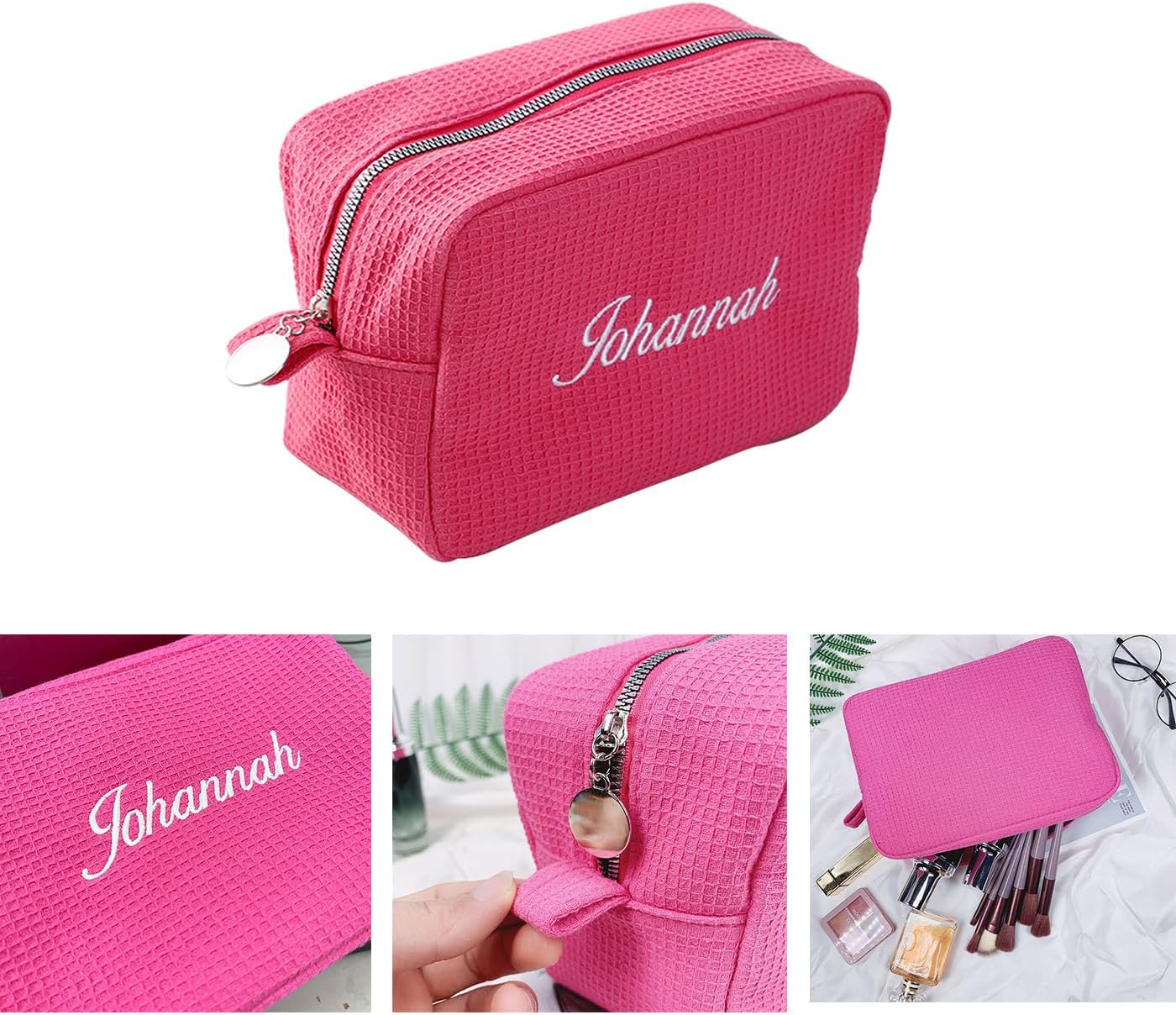 GOPHIE Personalized Embroidered Makeup Bag,Custom Waffle Fabric Cosmetic Pouch for Women, Travel Makeup Pouch (1, Hot Pink)