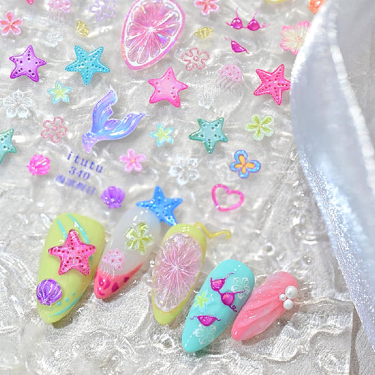 Summer Nail Stickers Ocean Shell Jellyfish Mermaid Nail Art Stickers 5D Embossed Nails Design