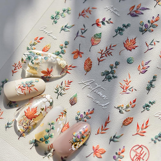 5D Relief Ginkgo Maple Leaf Stickers for Nails Design Fall Nail Stickers for Women Fall Leaves Nail