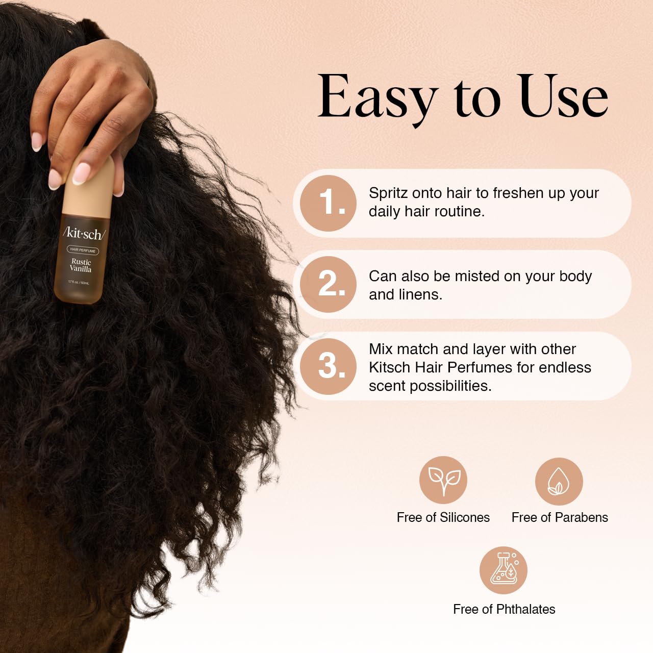 Kitsch Hair Perfume for Women - Rustic Vanilla | Clean, Deodorizing & Patented Odor-Eliminating Technology Hair Spray & Body Mist - Freshen Hair, Pillows - Warm Tonka, Vanilla & Cedar Blend - 50 mL