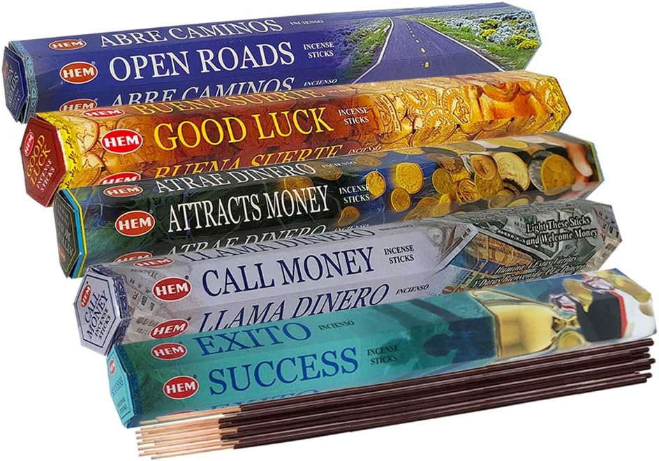 Hem Incense Sticks Variety Pack #5 and Incense Stick Holder Bundle with 5 Money and Success Themed Fragrances