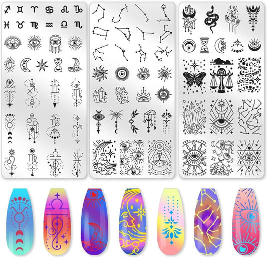 3Pcs Constellation Nail Stamping Plate Set Zodiac Tarot Nail Stamp Templates Sun Moon Stars Stainless Steel DIY Reusable Tools with Stamper Scraper for Manicure Printing