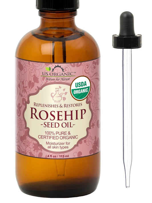 US Organic Rosehip Seed Oil, USDA Certified Organic, Cold Pressed, Virgin Organic, Amber Glass Bottle and Glass Eyedropper for Easy Application - 4 oz (115 ml)