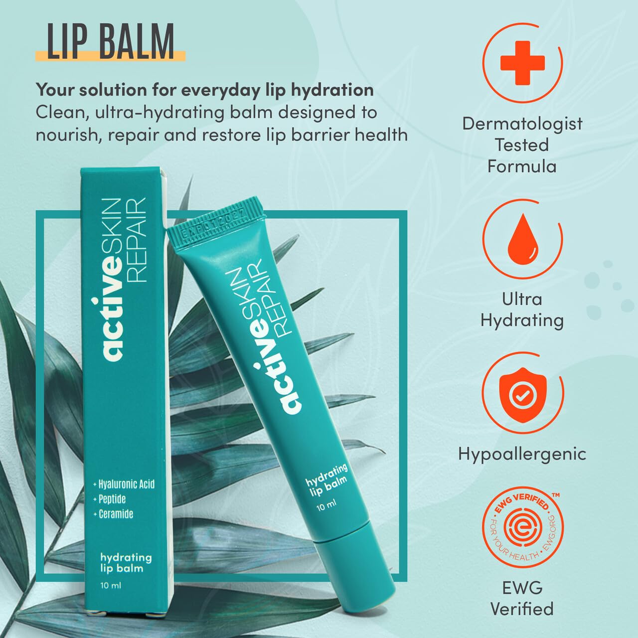 Active Skin Repair Hydrating Lip Balm for Dry Lips, EWG Certified Long-Lasting Moisturizing Lip Balm with Hyaluronic Acid, Peptides, and Ceramides, 10 ml.