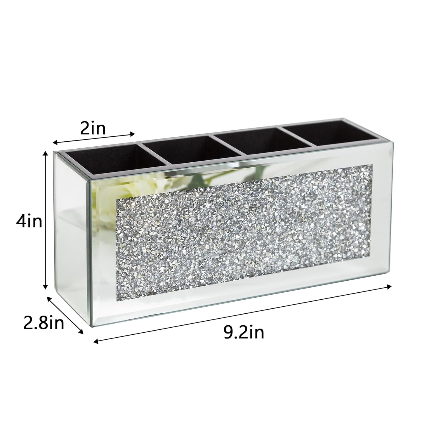 SHYFOY 4-Compartment Makeup Brush Holder, Mirrored Makeup Organizer with Crushed Diamond Crystals, Vanity Cosmetics Organizer Solution, Pencil Holder Organizer for Desk