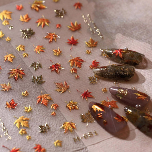 Maple Leaf Nail Stickers Fall Nail Sticker for Nails Art Gold Nail Decals with Jelly Design 5D
