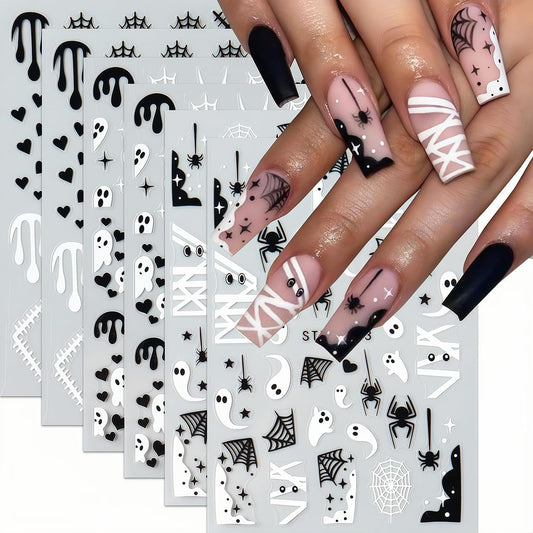 6 Sheets Halloween Nail Stickers, Spider Nail Art Stickers 3D Self-Adhesive White Black Spider Web