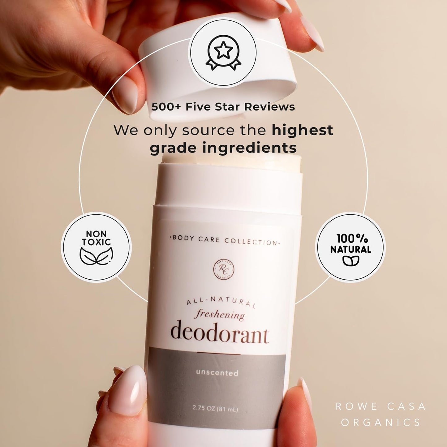 Rowe Casa Organics Unscented Natural Deodorant for Men and Women, Fragrance-Free and Paraben-Free Deodorant Stick with Therapeutic-Grade Essential Oils, 2 oz