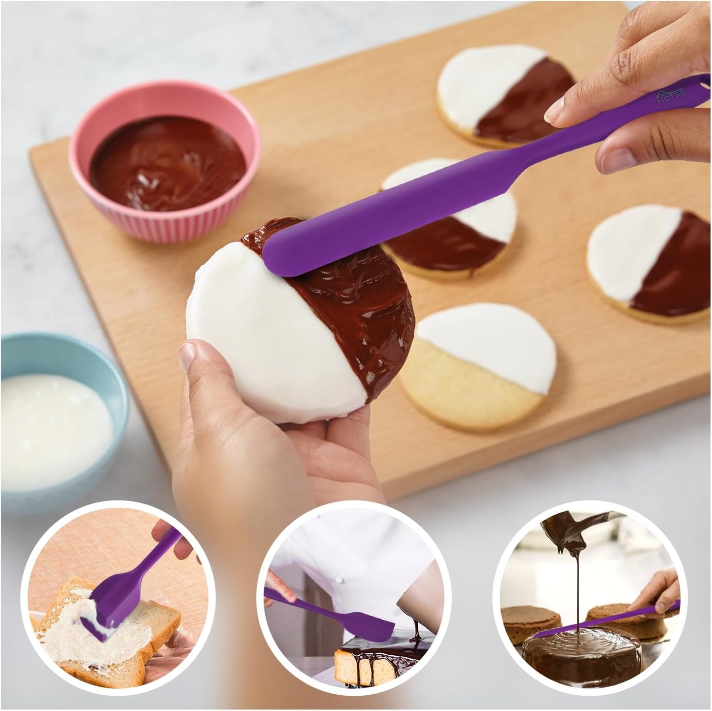 HOTEC 600℉ Heat Resistant BPA-Free Silicone Rubber Spatula Set for Baking, Cooking, and Mixing Non Stick Dishwasher Safe, Purple Set of 5