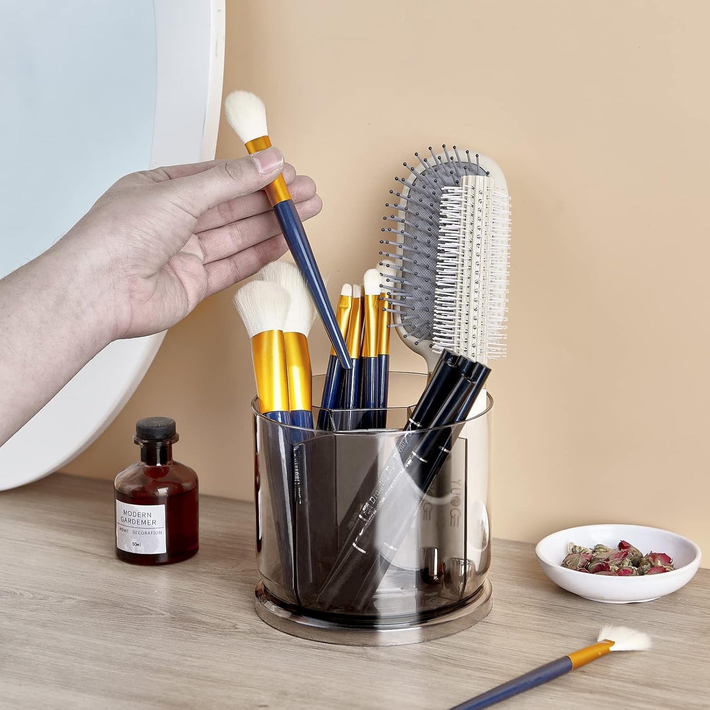 Makeup Brush Holder Organizer -Rotating 360° Clear Storage Cup Containers for Vanity, Desk, Countertop, Spinning Pen Holder for Desk, Round Make up Brush Stand with 5 Slots, for Cosmestics (Grey)