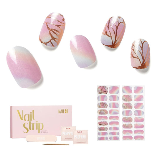Semi Cured Gel Nail Strips - NAILOG 34 Pcs Rainbow Butterfly Gel Nail Stickers Pink Extra Long Nail