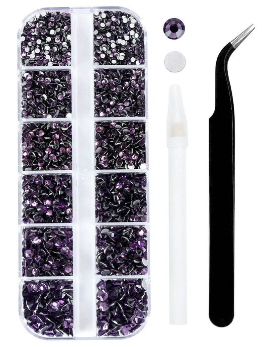 4240Pcs Flatback Purple Rhinestones Glass Crystal Gemstones for Nail Art Face Makeup Bling Round with Tweezers and Picking Pen (SS6~SS20 Set)
