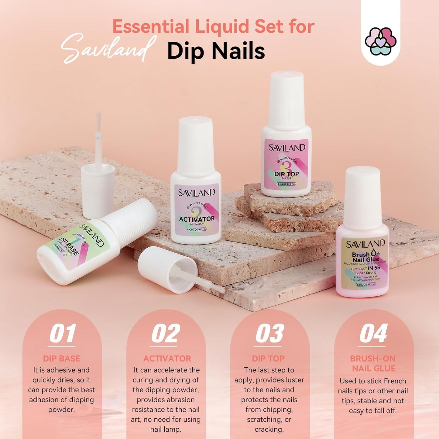 SAVILAND Dip Powder Nail Kit Starter with Nail Tips - 4 Colors with French Tips & Keratin Formula, Brown Nude Clear Dipping Powder No U V Lamp Needed for Home Manicure (10ml x4 Dip Liquids + Tools)