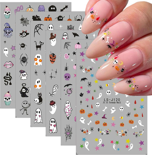 6 Sheets Cute Ghost Nail Art Stickers Halloween Nail Decals 3D Self-Adhesive Spider Bat Pumpkin and