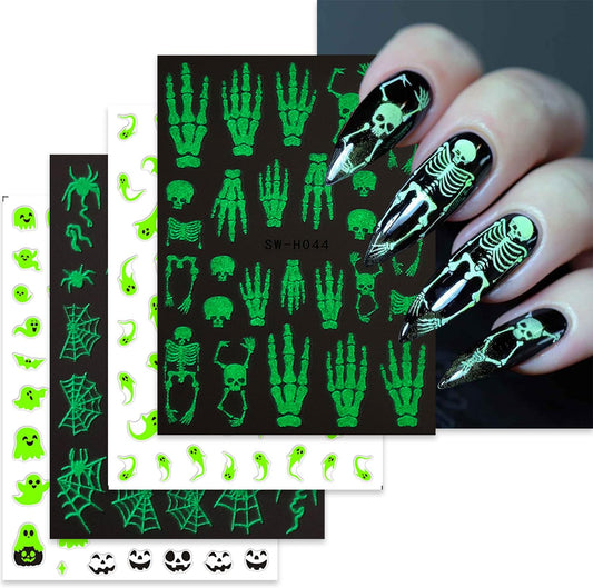 Luminous Halloween Nail Art Stickers Decals Cute White Ghost Nails Stickers Skeleton Spider Web