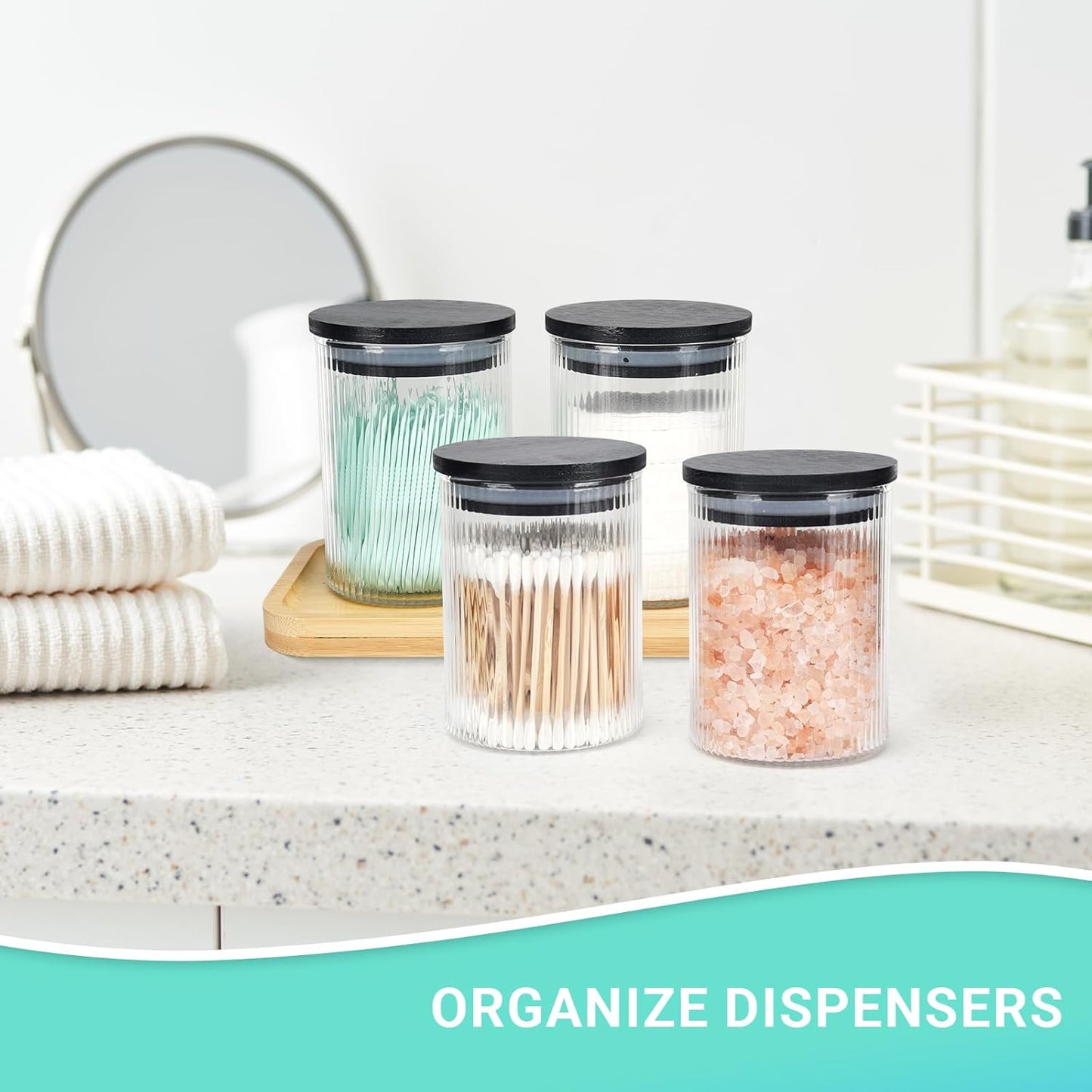 4 Pack Glass Qtip Holder Dispenser Set - Apothecary Jars with Lids for Vanity Makeup Organizer - Bathroom Canister Storage Organizer for Cotton Ball, Swab, Round Pads,Floss